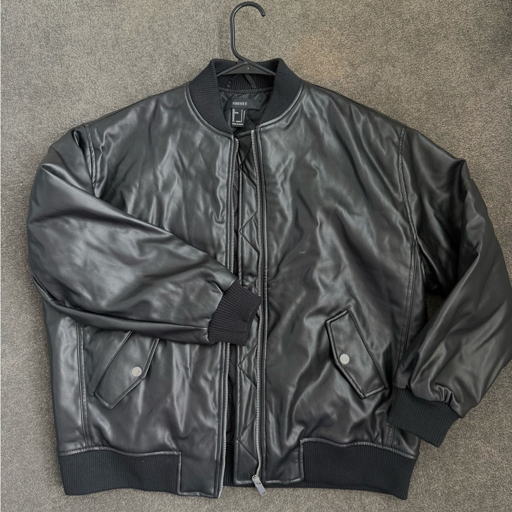 Forever 21 Black Faux Leather Bomber Jacket